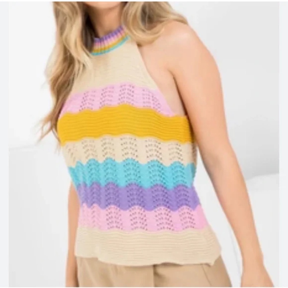 THML Womens Colorful Halter Neck Crochet Knit Sleeveless Sweater Top Medium